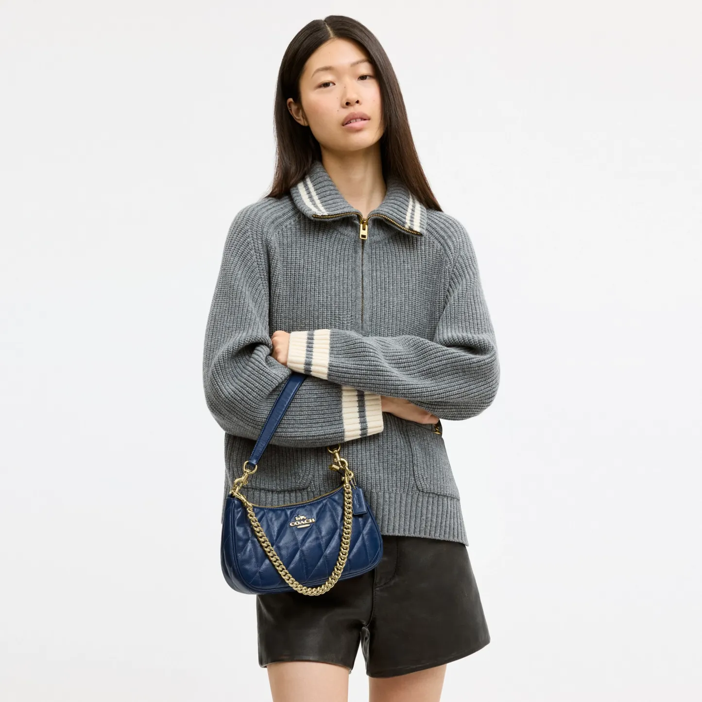 COACH®,Teri Shoulder Bag With Quilting,Recycled Polyester,Leather,Shoulder Bag,Metal,Logo,Silver Metal,Casual,Blue,Detail View