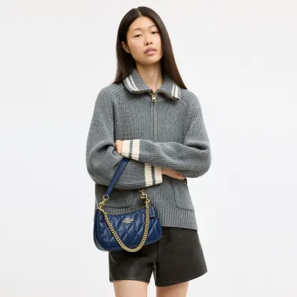 COACH®,Teri Shoulder Bag With Quilting,Recycled Polyester,Leather,Shoulder Bag,Metal,Logo,Silver Metal,Casual,Blue,Detail View