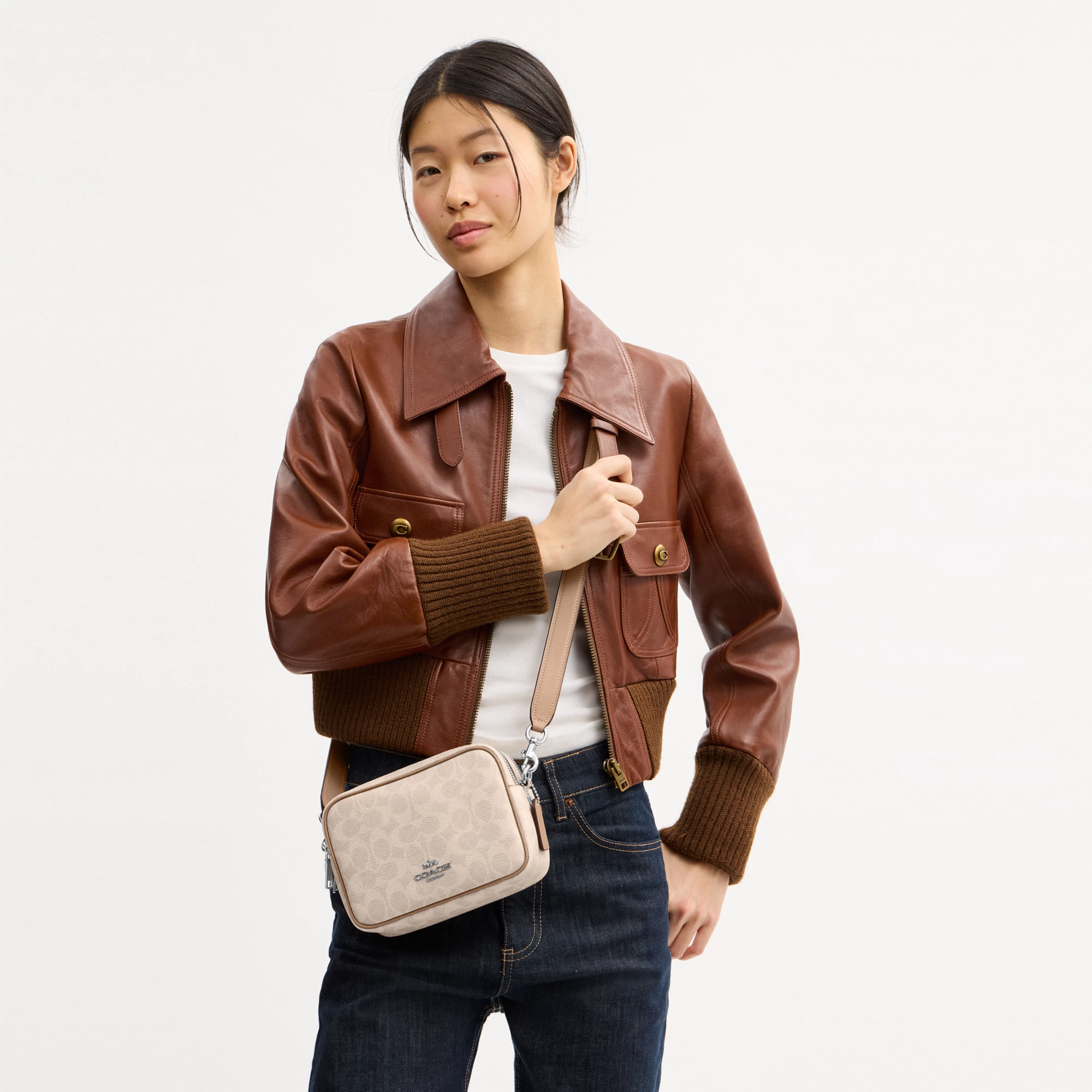 COACH®,Mini Carey Crossbody Bag In Signature Canvas,Polyester,Leather,Canvas,Crossbody,Metal Material,Logo,Metal,Piping,Pe...,Multi Color
