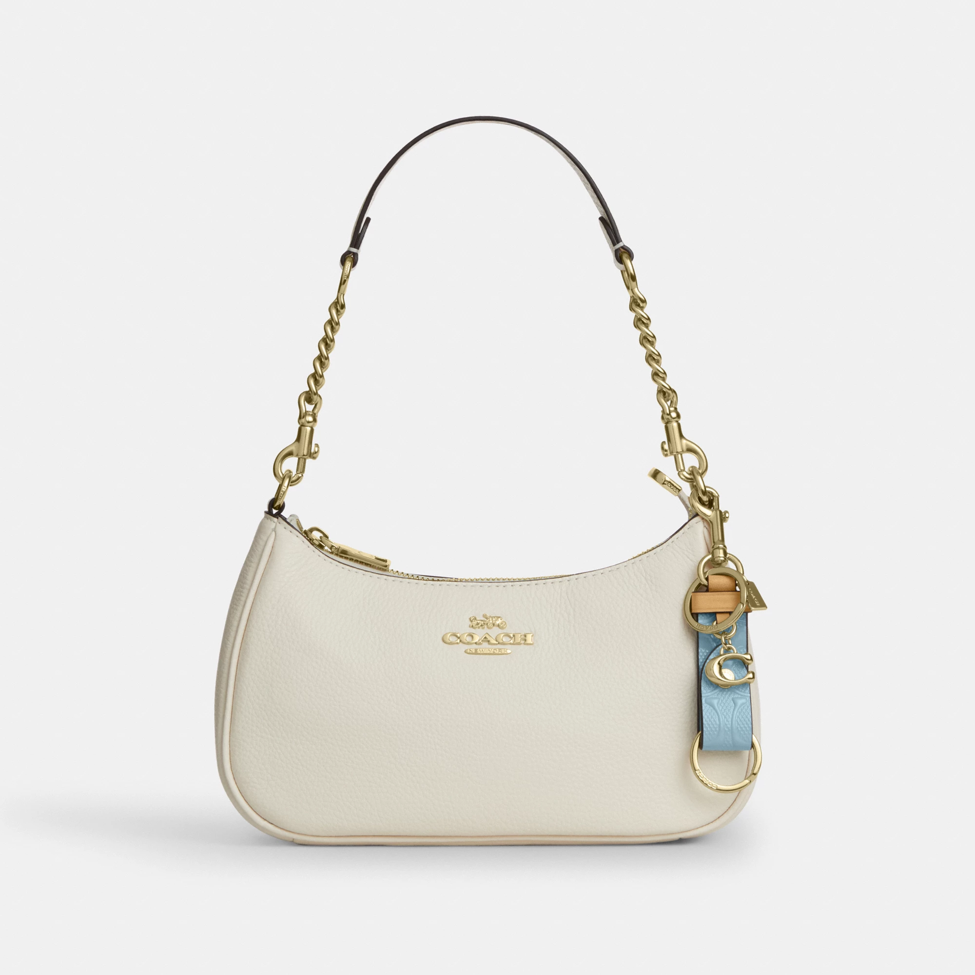 COACH®,Trigger Snap Bag Charm In Signature Leather With Charm,Leather,Bag Charm,Logo,Key Ring,Gold Metal,Casual,Blue,Angle View