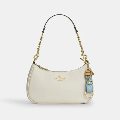 COACH®,Trigger Snap Bag Charm In Signature Leather With Charm,Leather,Bag Charm,Logo,Key Ring,Gold Metal,Casual,Blue,Angle View