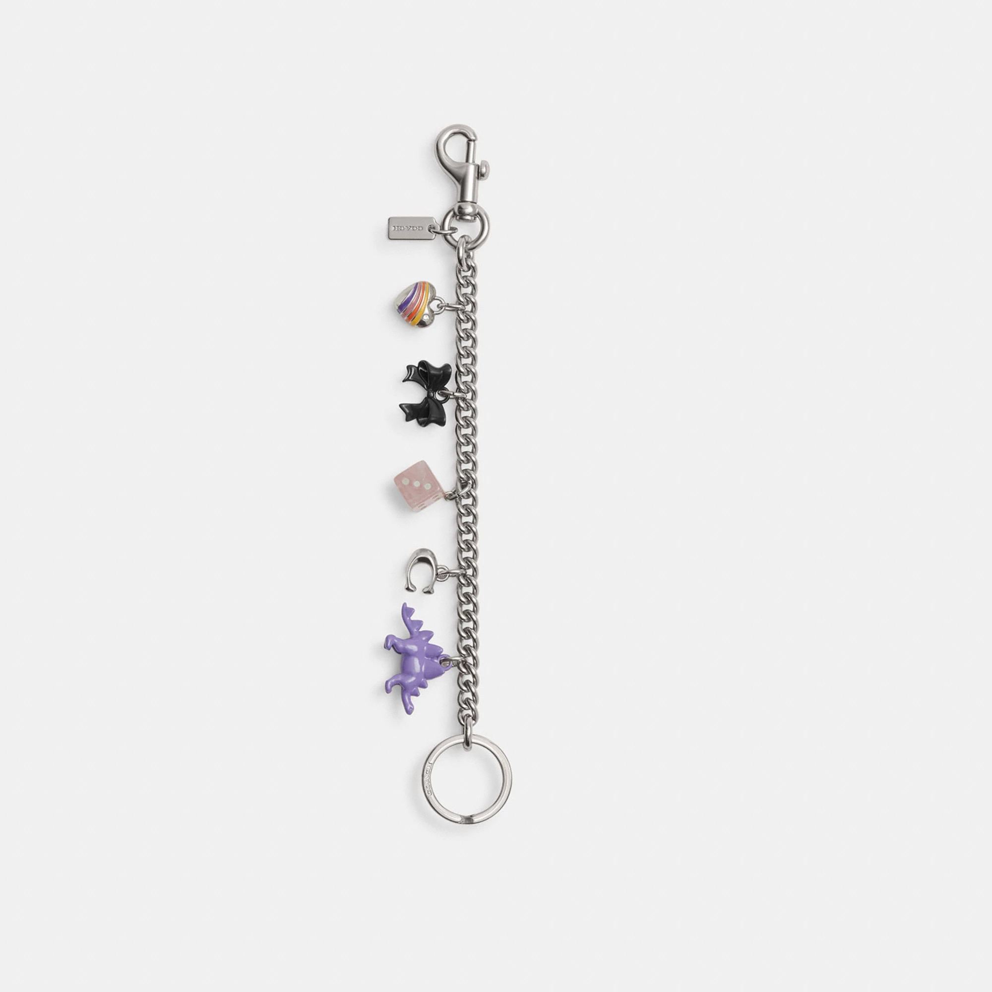 COACH®,Motif Chain Bag Charm,Bag Charm,3D Embellishment,Bow,Engraved Detail,Heart Embellishment,Rhinestones,Logo,Multi Color,Front View