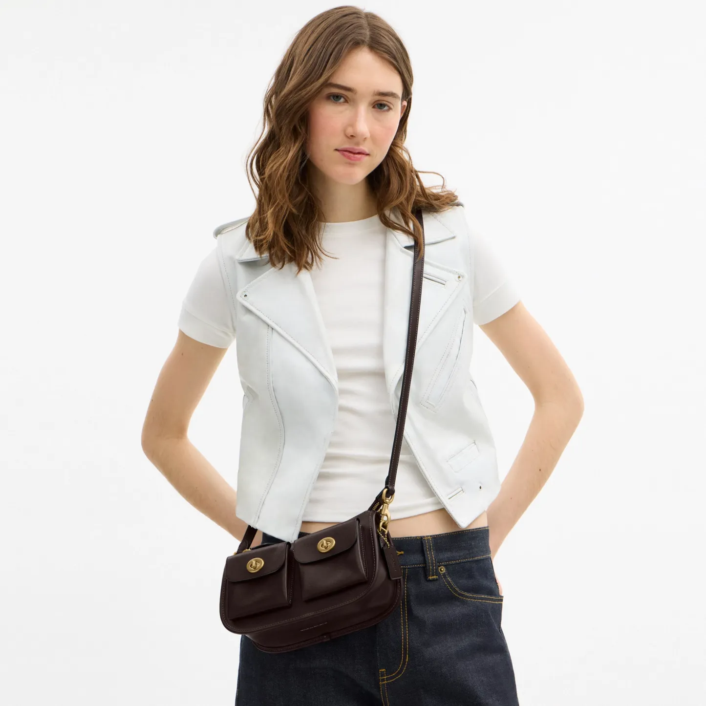 COACH®,Twin Turnlock Waverly Bag,Leather,Cotton,Shoulder Bag,Pendant,Compact,Gold Metal,Day Party,Brown