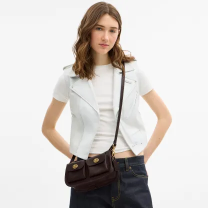 COACH®,Twin Turnlock Waverly Bag,Leather,Cotton,Shoulder Bag,Pendant,Compact,Gold Metal,Day Party,Brown