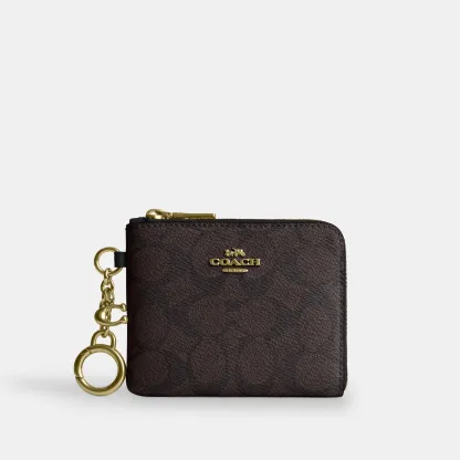 COACH®,Small Corner Zip Wallet In Signature Canvas,Canvas,Leather,Metal Material,Logo,Key Ring,Gold Metal,Casual, Father's...,Brown,Front View