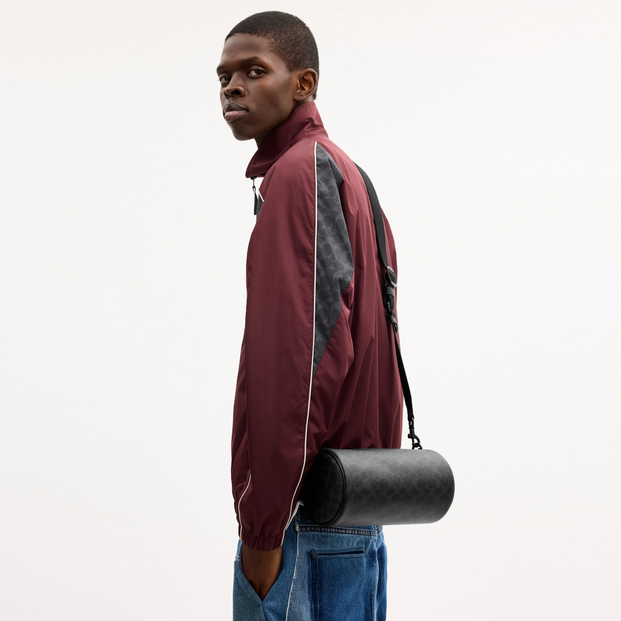 COACH®,Andre Barrel Bag 24 In Signature Canvas,Leather,Canvas,Recycled Polyester,Barrel Bag,Pattern,Logo,Water Resistant,C...,Black,Detail View