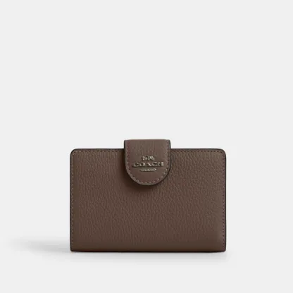 COACH®,Medium Corner Zip Wallet,Leather,Bi Fold,Logo,Metal,Travel,Brown,Front View