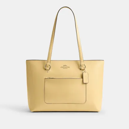 COACH®,Station Tote Bag,Leather,Recycled Polyester,Tote,Logo,Metal,Gold Metal,Work,Cream,Front View