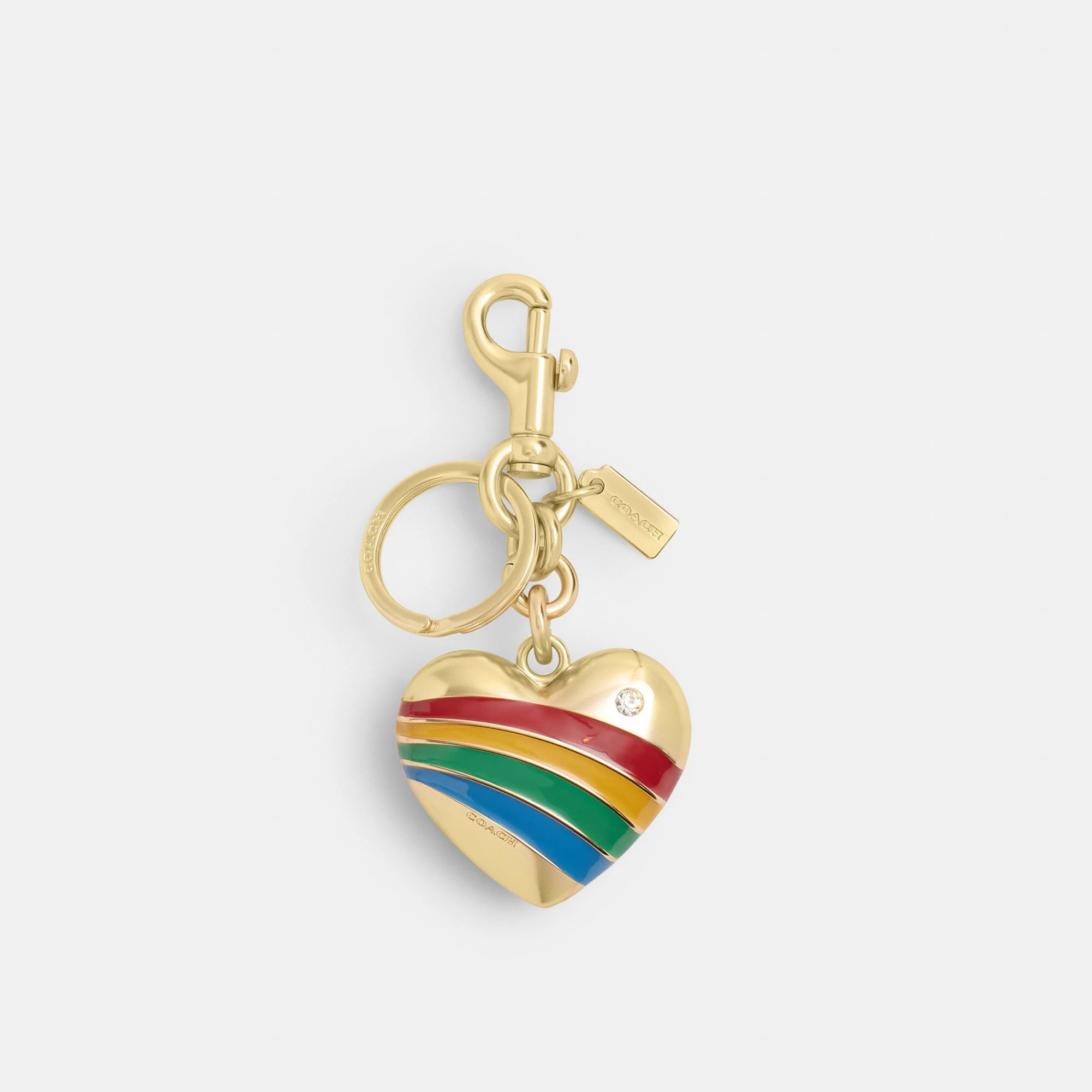 COACH®,Heart Bag Charm,Bag Charm,Logo,Metal,Gem Embellishment,Key Ring,Brass,Day Party,Multi Color,Front View