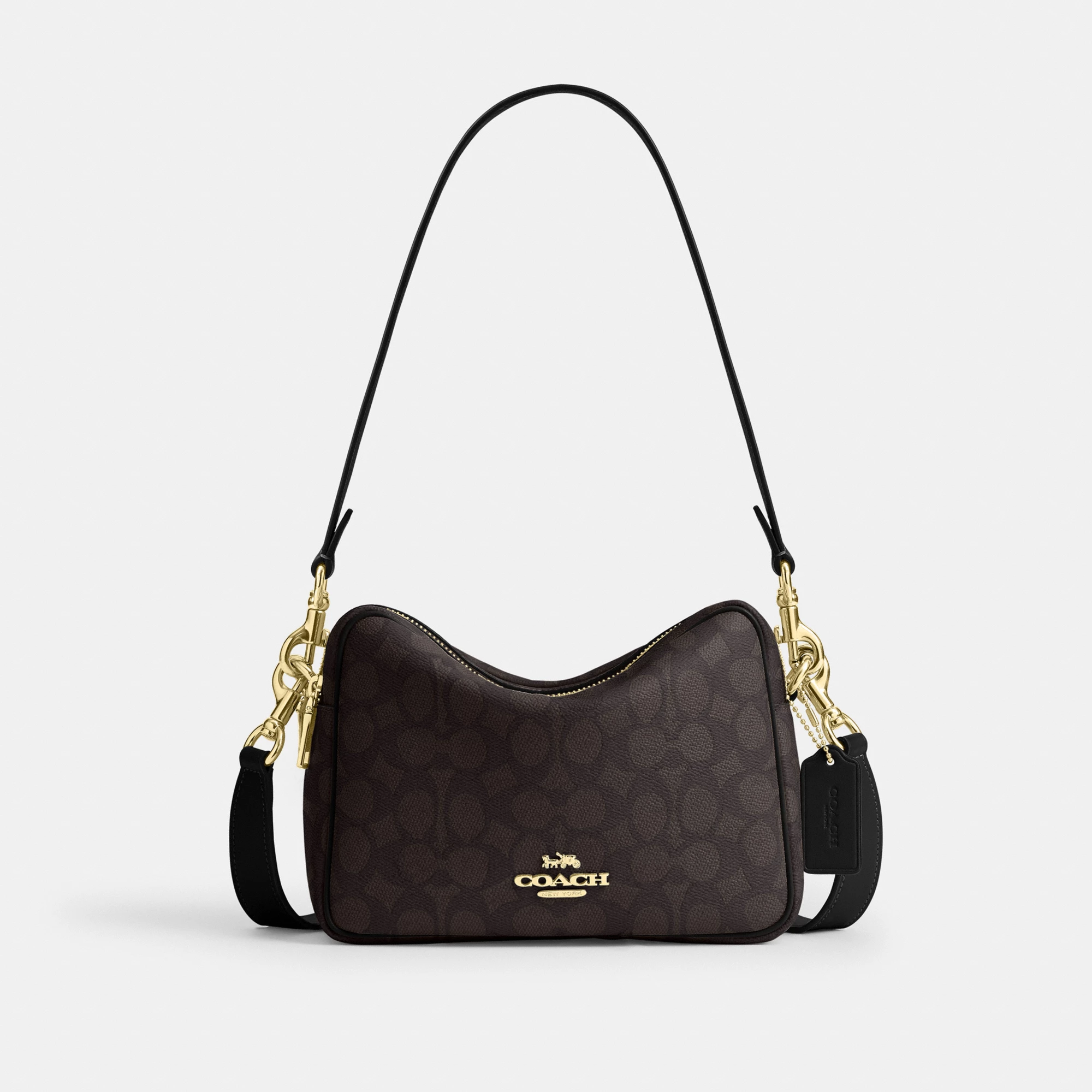 COACH®,Carey Crossbody Bag In Signature Canvas,Leather,Canvas,Recycled Polyester,Camera Bag,Metal,Logo,Sustainable,Gold Pl...,Brown,Front View