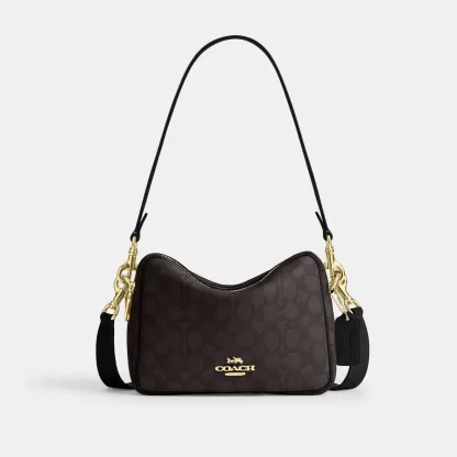 COACH®,Carey Crossbody Bag In Signature Canvas,Leather,Canvas,Recycled Polyester,Camera Bag,Metal,Logo,Sustainable,Gold Pl...,Brown,Front View
