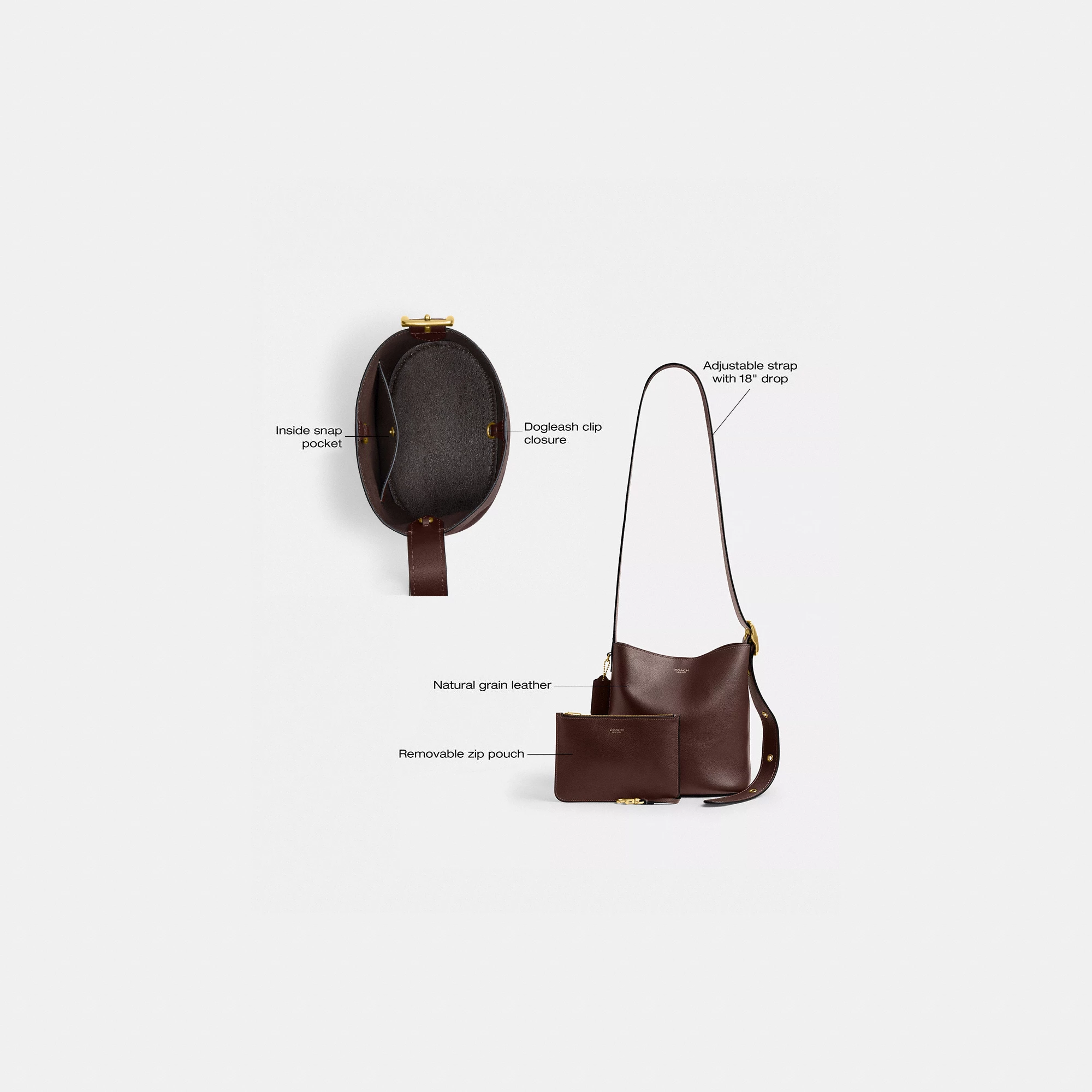 COACH®,Bleecker Bucket Bag 21,Leather,Bucket,Adjustable,Compact,Removable Pouch,Gold Metal,Casual,Brown