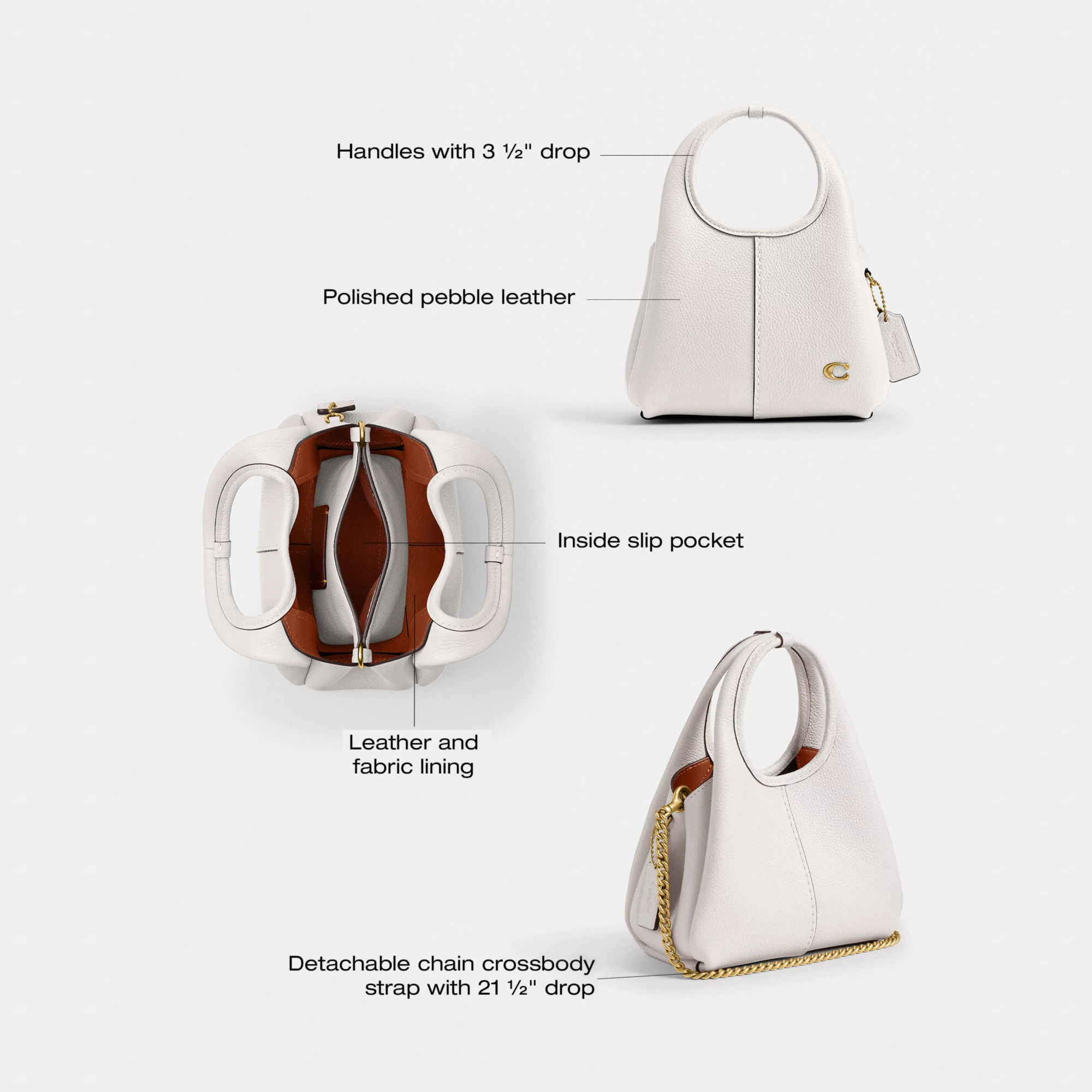 COACH®,Lana Shoulder Bag 19,Leather,Crossbody,Metal,Logo,Shoulder Guard,Brass,Casual,White