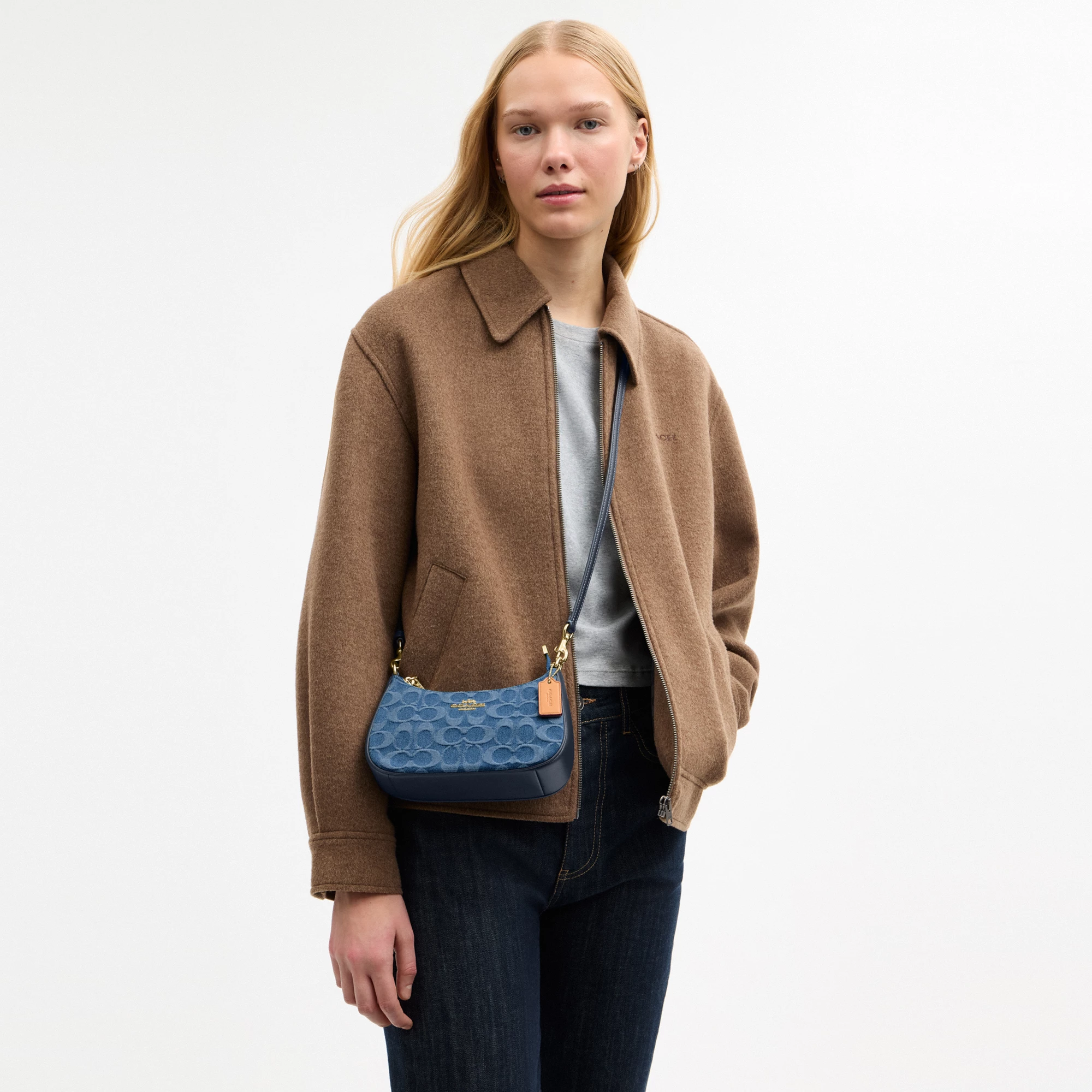 COACH®,Teri Mini Crossbody Bag In Signature Denim,Cotton,Denim,Leather,Shoulder Bag,Metal,Logo,Casual,Navy