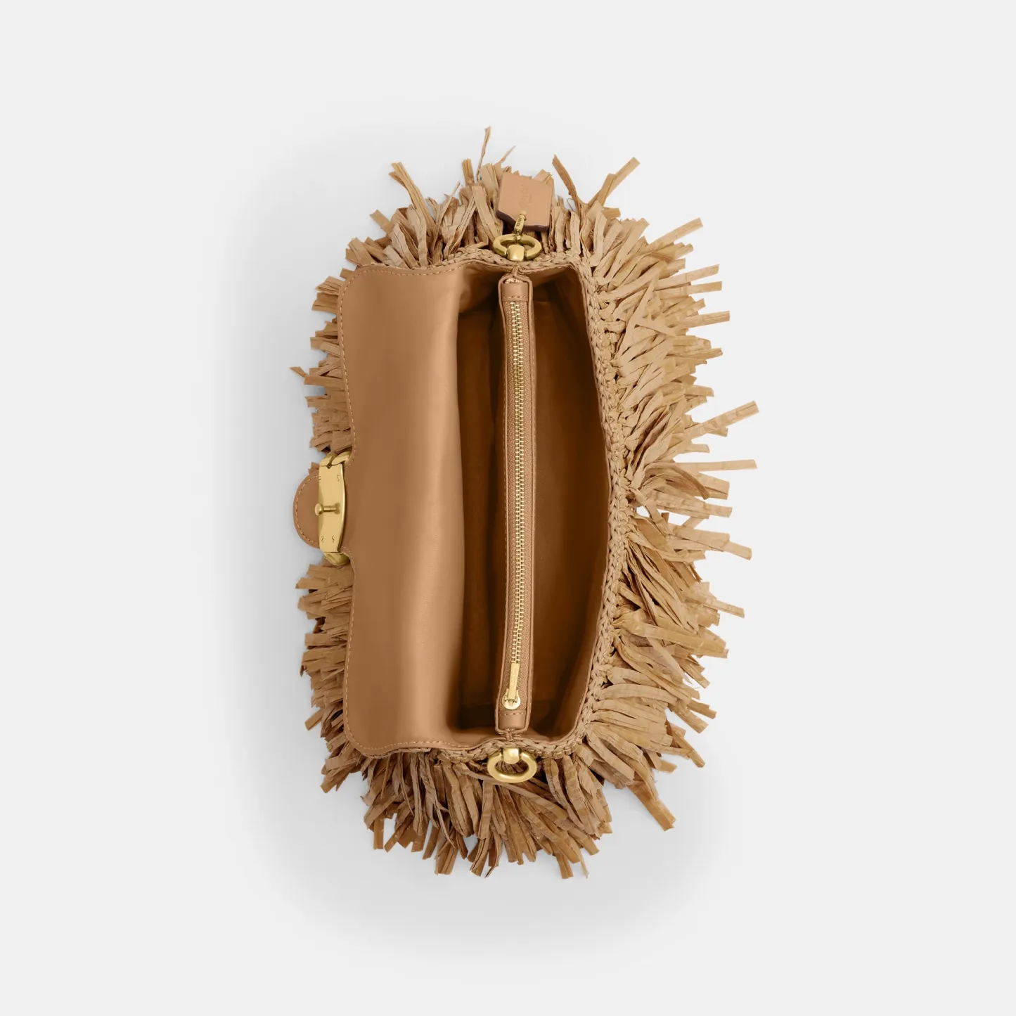 COACH®,Tabby Shoulder Bag 26,Crossbody,Shoulder Bag,Straw,Logo,Fringe,Brass,Casual,Beige,Inside View,Top View