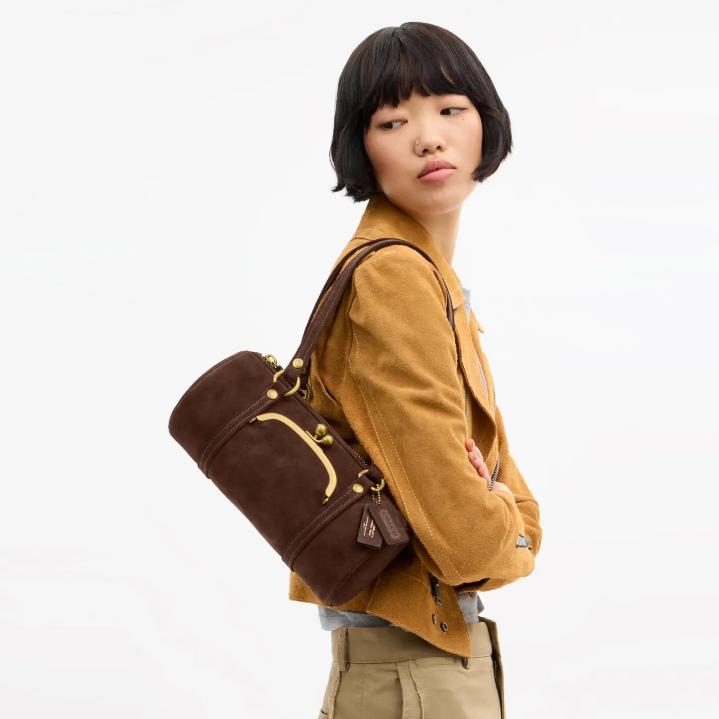 COACH®,Kisslock Barrel Bag 28,Lining Cotton,Suede,Leather,Barrel Bag,Pendant,Sustainable,Compact,Brass,Day Party,Brown,Detail View