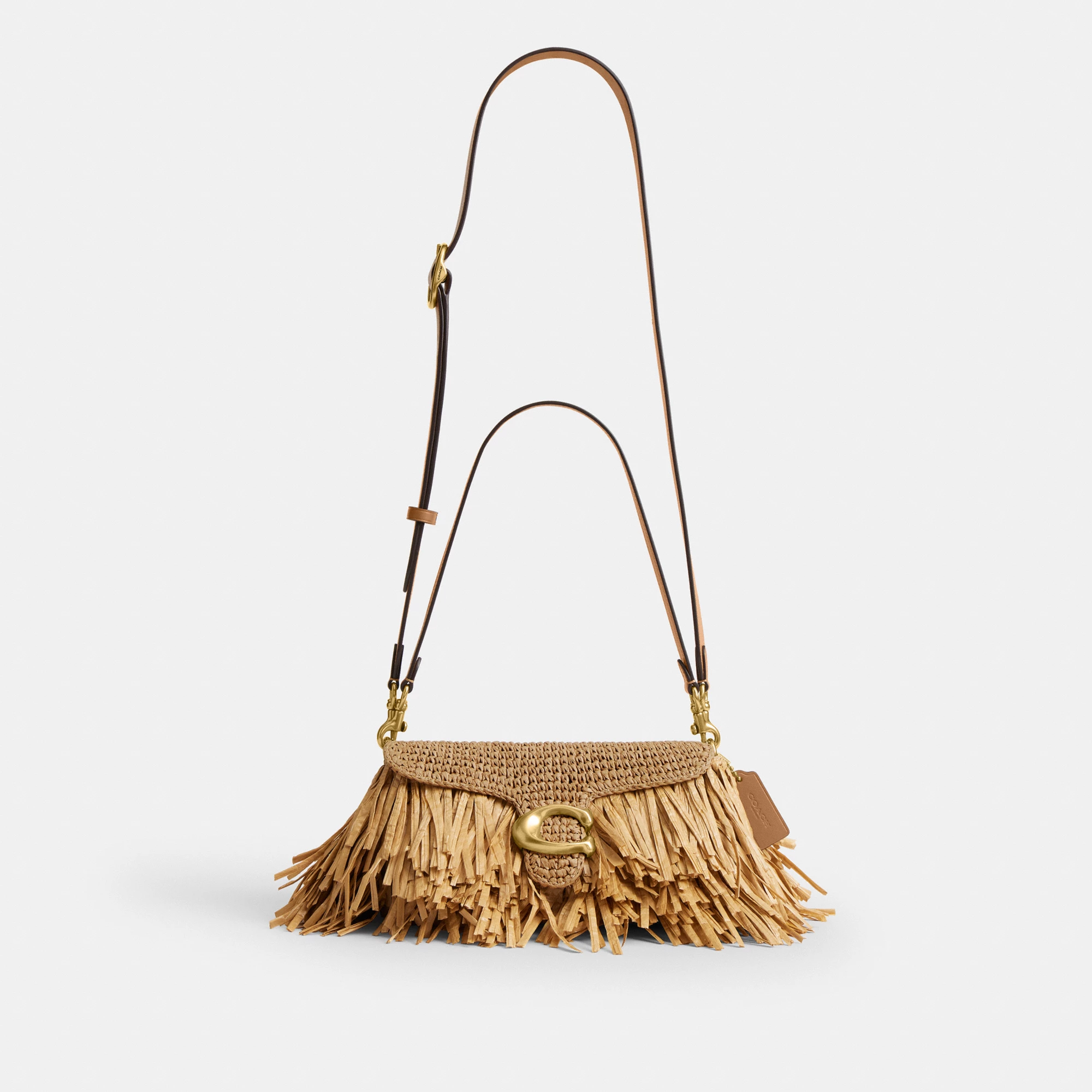 COACH®,Tabby Shoulder Bag 26,Crossbody,Shoulder Bag,Straw,Logo,Fringe,Brass,Casual,Beige