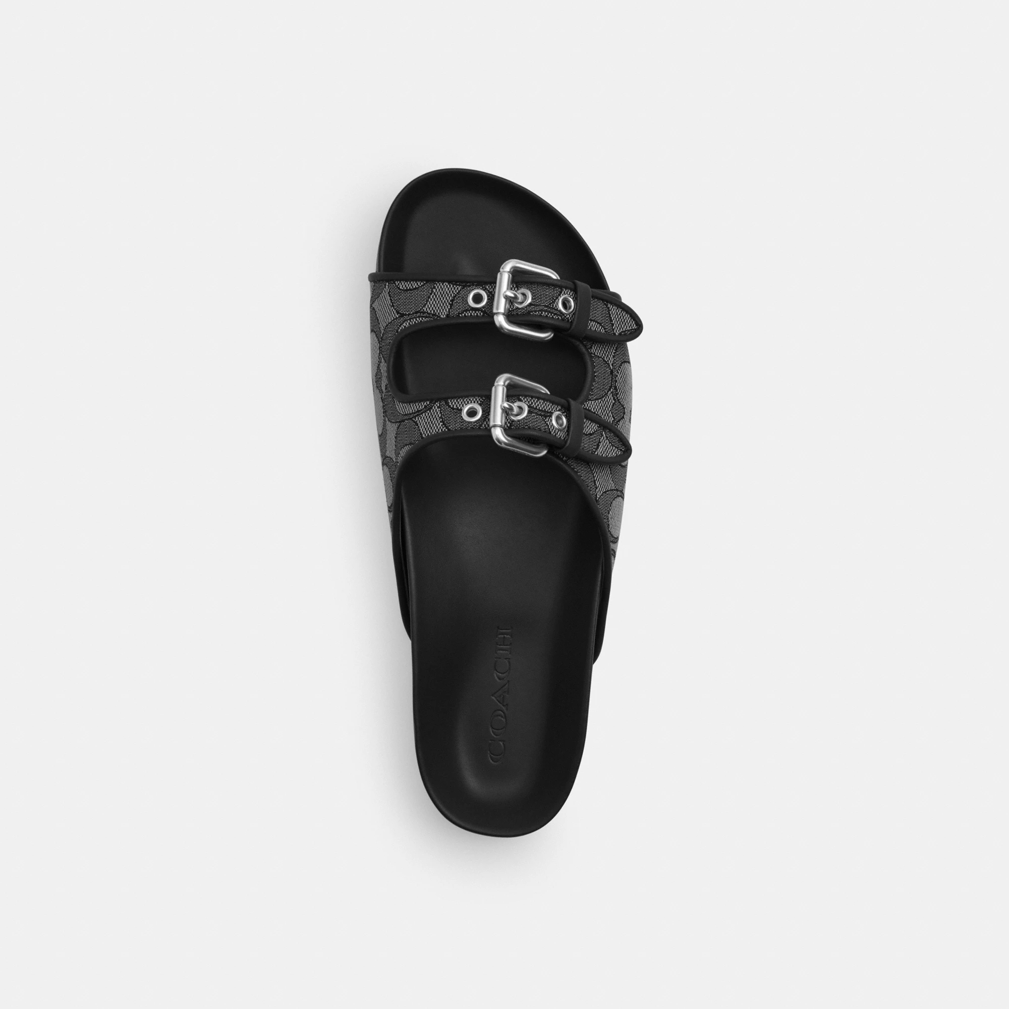 COACH®,Two Band Buckle Sandal In Signature Jacquard,Recycled Polyester,Cotton,Rubber,Polyester,Recycled Cotton,Slides,Fabr...,Black,Inside View,Top View