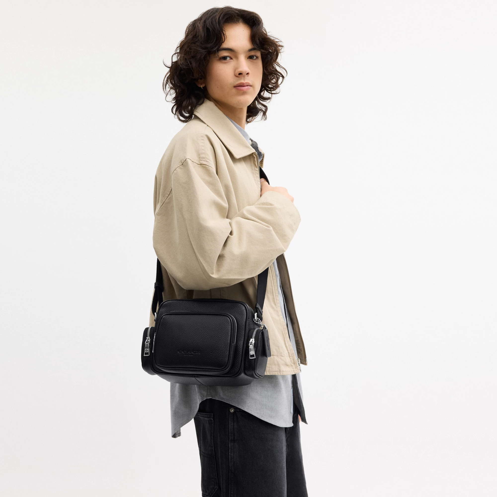 COACH®,Fletcher Crossbody Bag,Leather,Crossbody,Metal Material,Metal,Sustainable,Adjustable,Silver Metal,Casual,Black,Detail View