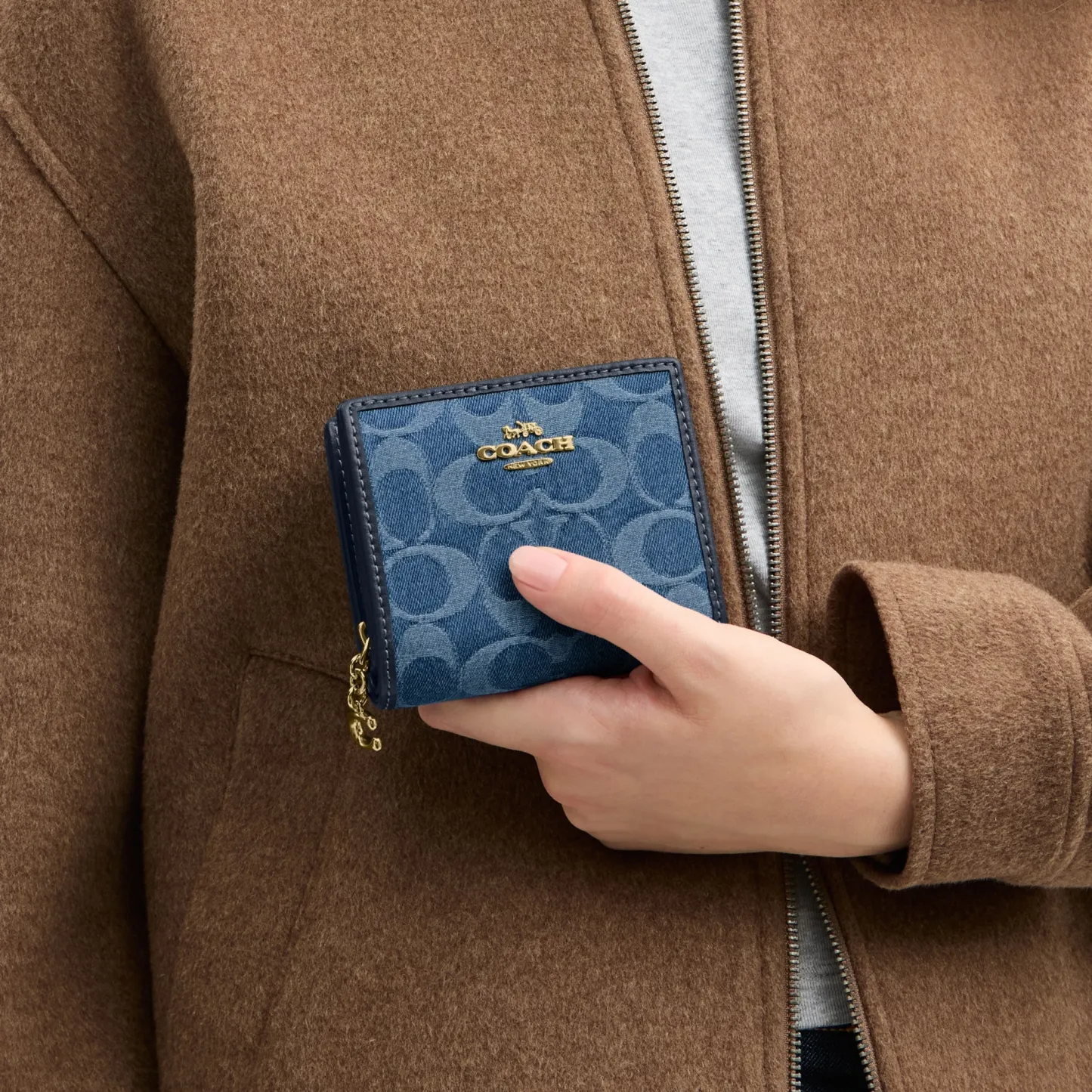 COACH®,Snap Wallet In Signature Denim,Leather,Cotton,Denim,Bi Fold,Metal,Logo,Casual,Blue,Detail View