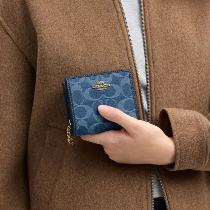 COACH®,Snap Wallet In Signature Denim,Leather,Cotton,Denim,Bi Fold,Metal,Logo,Casual,Blue,Detail View