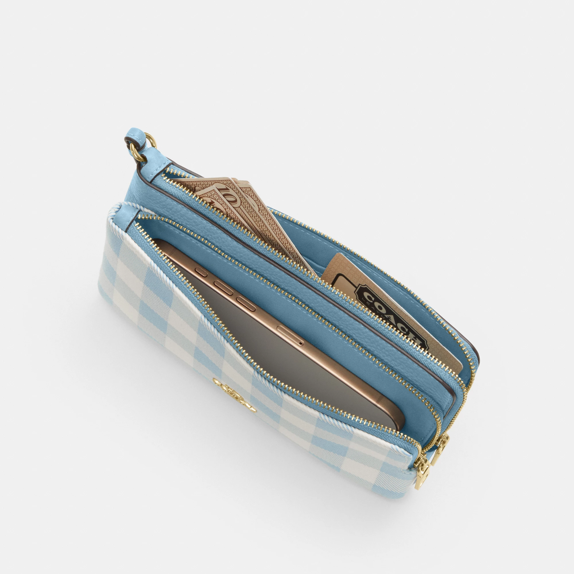 COACH®,Double Zip Wristlet With Gingham Print,,Inside View,Top View