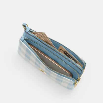 COACH®,Double Zip Wristlet With Gingham Print,,Inside View,Top View