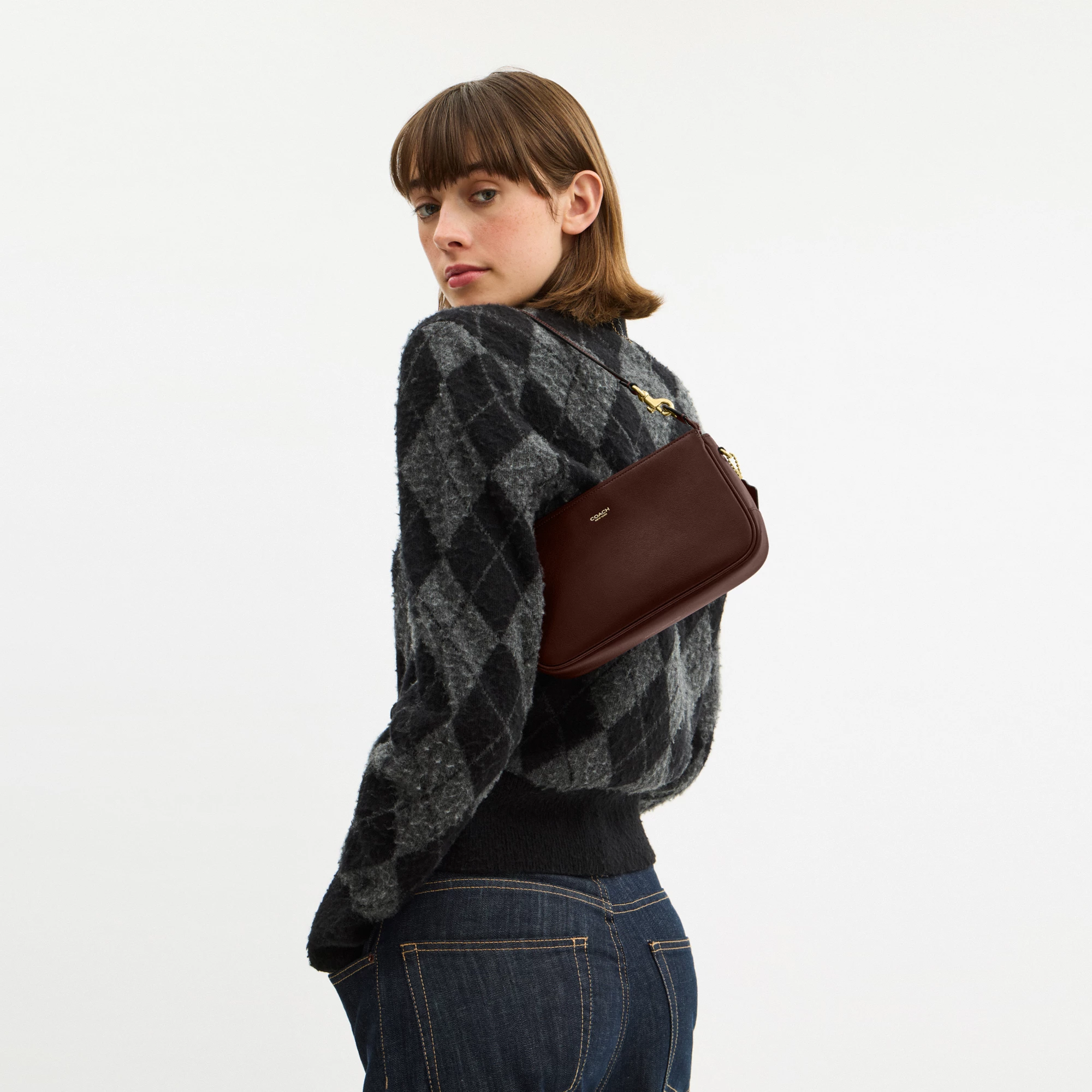 COACH®,Plaza Bag,Fabric,Leather,Shoulder Bag,Logo,Compact,Lined,Gold Metal,Casual,Brown,Detail View