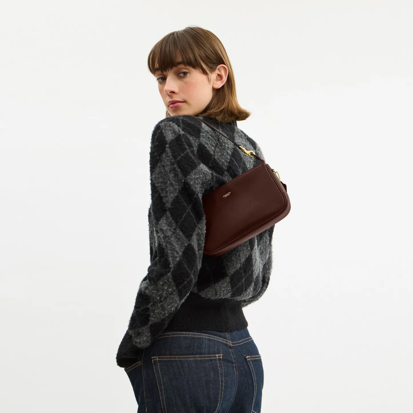 COACH®,Plaza Bag,Fabric,Leather,Shoulder Bag,Logo,Compact,Lined,Gold Metal,Casual,Brown,Detail View