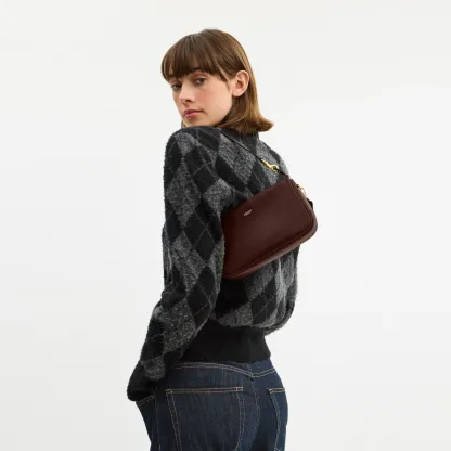 COACH®,Plaza Bag,Fabric,Leather,Shoulder Bag,Logo,Compact,Lined,Gold Metal,Casual,Brown,Detail View