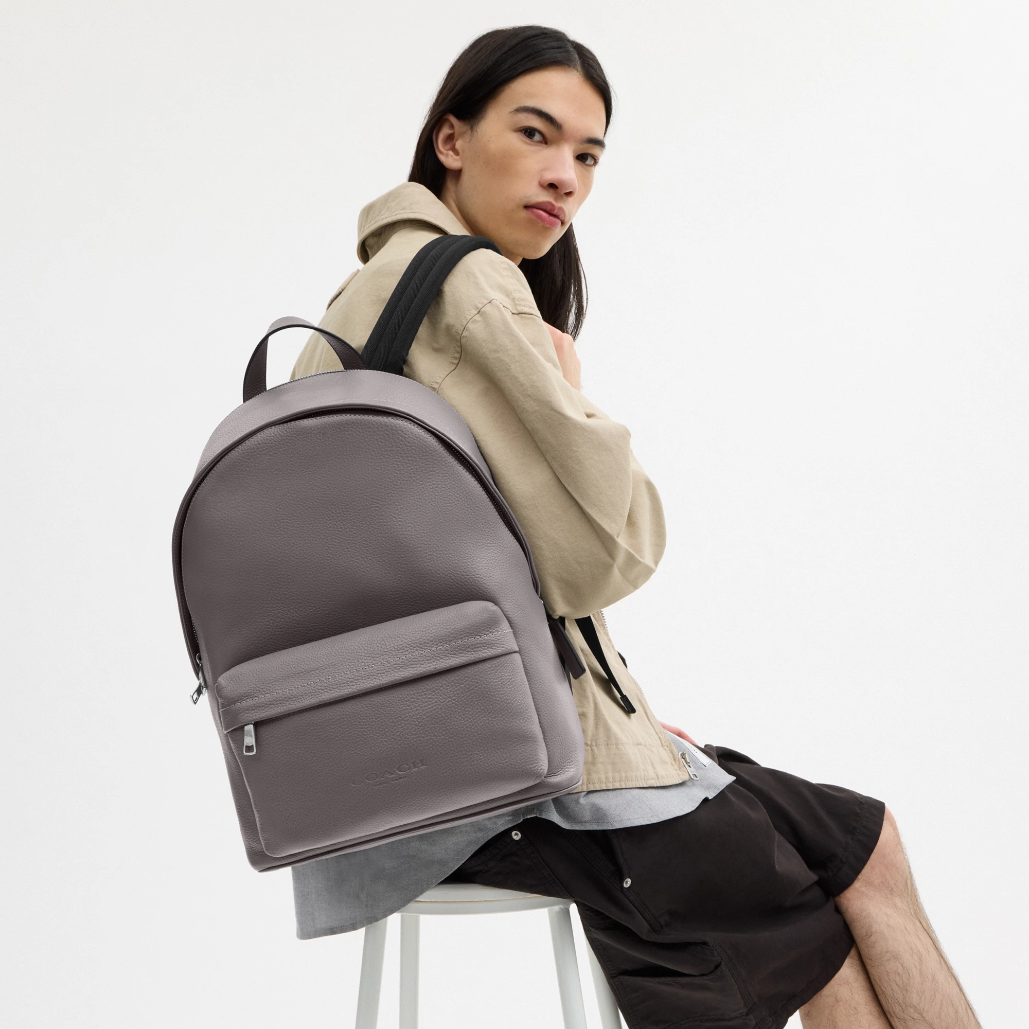 COACH®,Taylor Backpack,Polyester,Recycled Polyester,Leather,Backpack,Lined,Sustainable,Suitcase Sleeve,Casual,Gray,Detail View