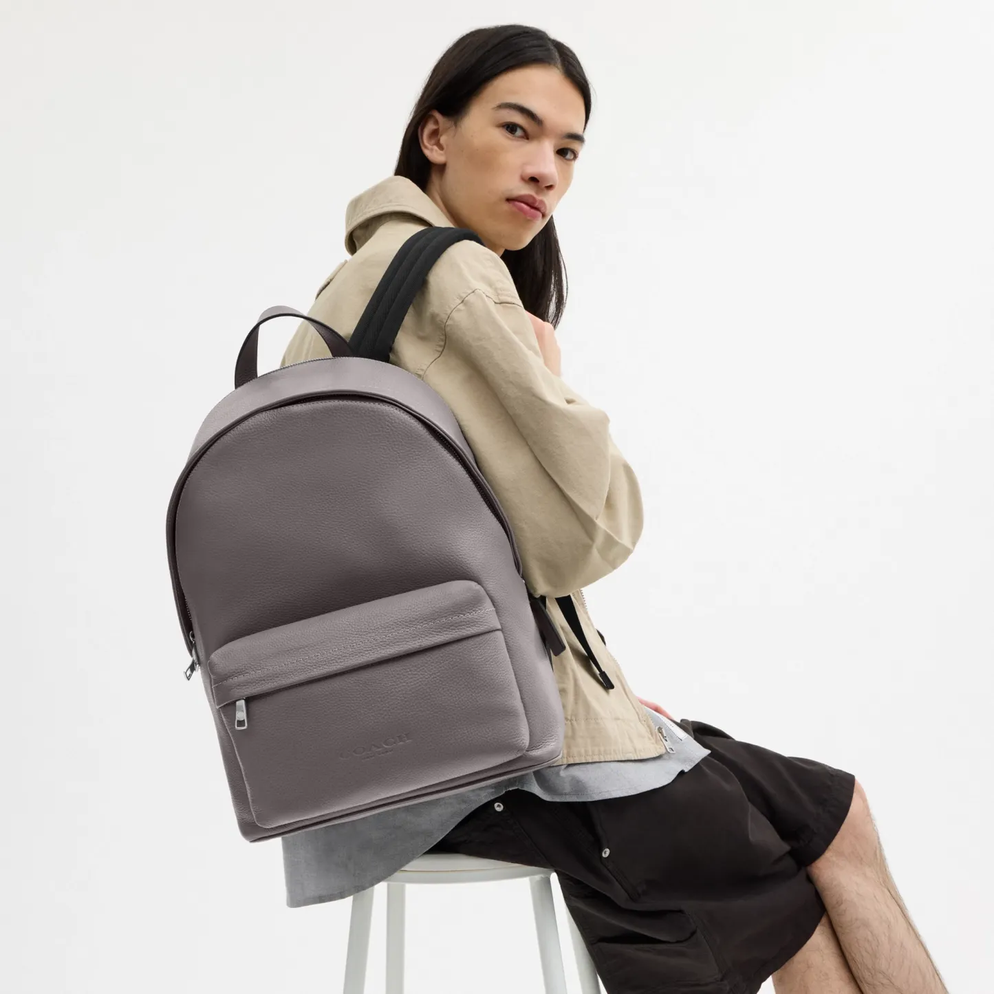 COACH®,Taylor Backpack,Polyester,Recycled Polyester,Leather,Backpack,Lined,Sustainable,Suitcase Sleeve,Casual,Gray,Detail View