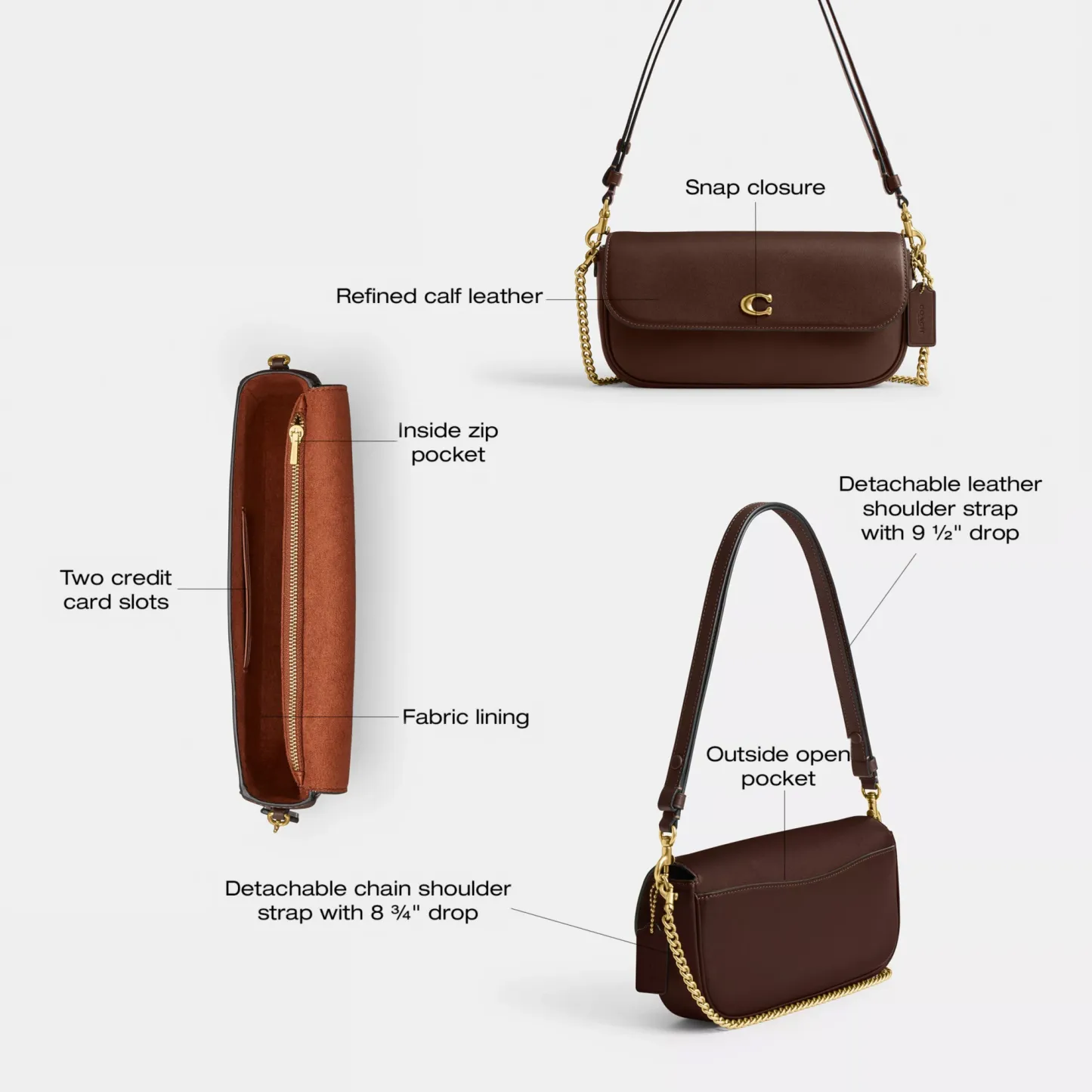 COACH®,Brook Flap Chain Bag,Calfskin Leather,Leather,Fabric,Shoulder Bag,Logo,Metal,Compact,Adjustable,Shoulder Guard,Gold...,Brown