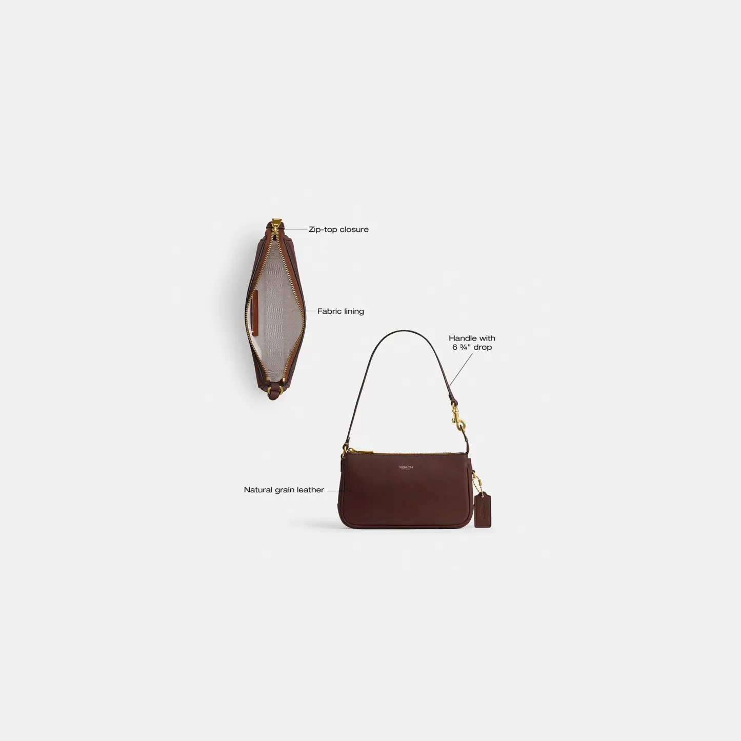 COACH®,Plaza Bag 18,Leather,Shoulder Bag,Compact,Lined,Adjustable,Brass,Gold Metal,Day Party,Brown