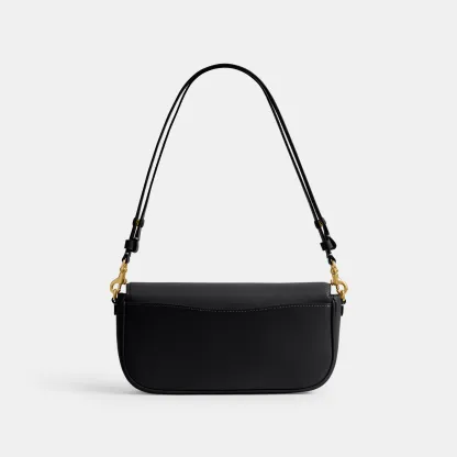 COACH®,Brook Flap Chain Bag,Calfskin Leather,Leather,Fabric,Shoulder Bag,Logo,Metal,Compact,Adjustable,Shoulder Guard,Gold...,Black,Back View