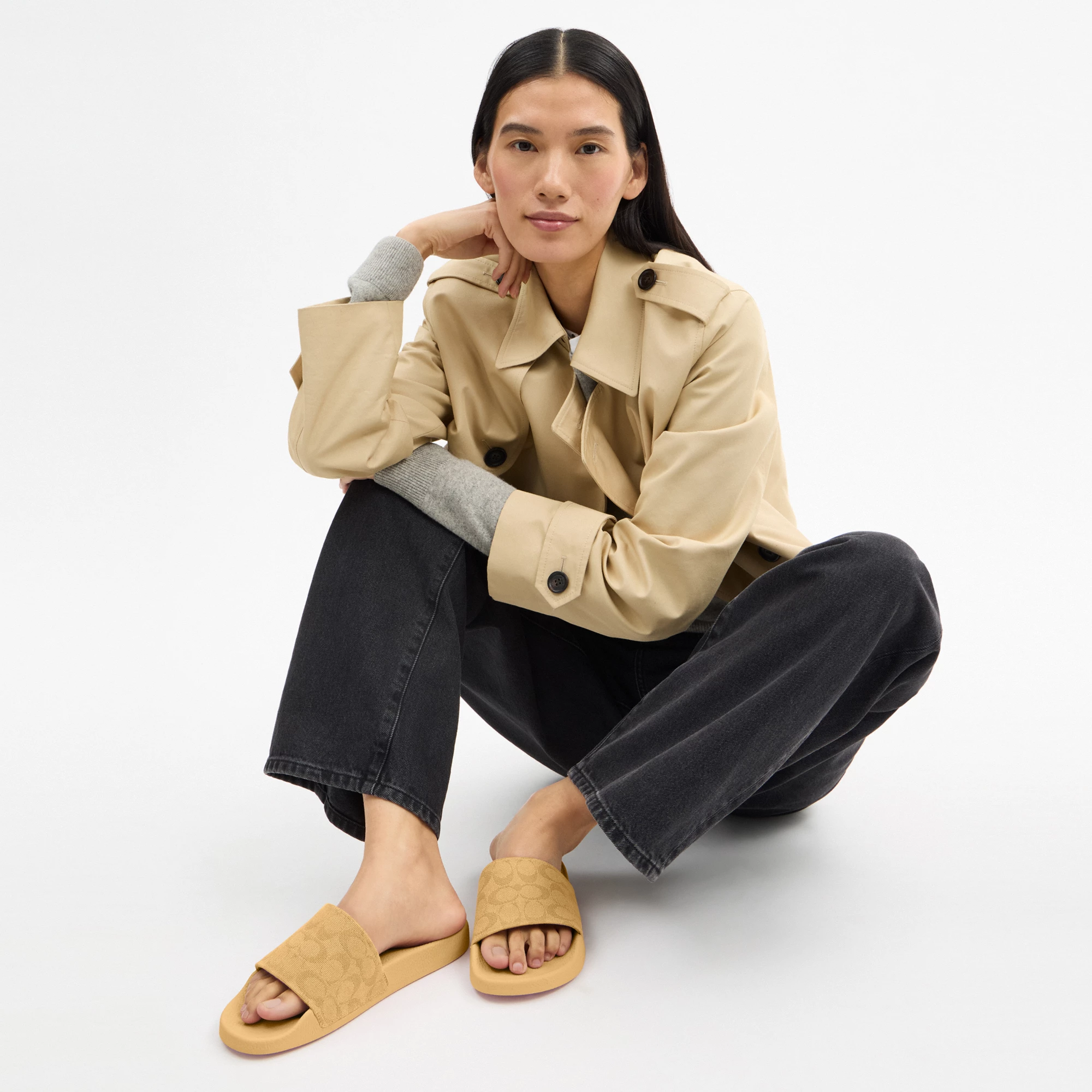 COACH®,Udele Sport Slide In Signature Jacquard Canvas,Rubber,EVA,Canvas,Slides,Fabric,Logo,Pull Tab,Casual,Beige,Detail View