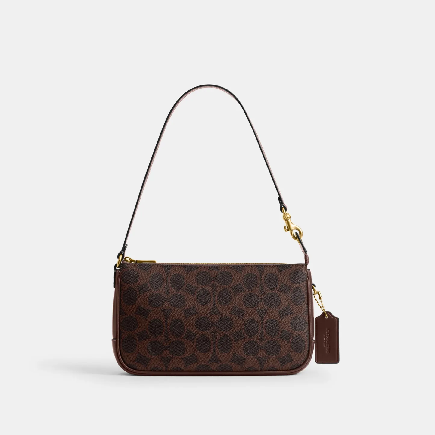 COACH®,Plaza Bag In Signature Canvas,Canvas,Wristlet,Shoulder Bag,Color Block,Pendant,Logo,Lined,Luggage Tag,Compact,Gold ...,Brown,Front View