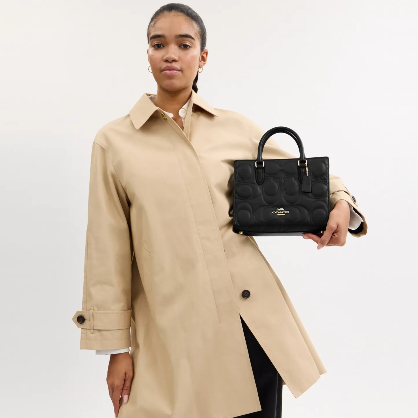 COACH®,Maggie Small Tote Bag In Signature Leather,Leather,Crossbody,Work,Black,Detail View