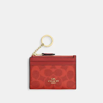 COACH®,Mini Skinny Id Case In Signature Canvas,Card Case,Metal,Color Block,Logo,Sustainable,Key Ring,Casual,Red,Front View