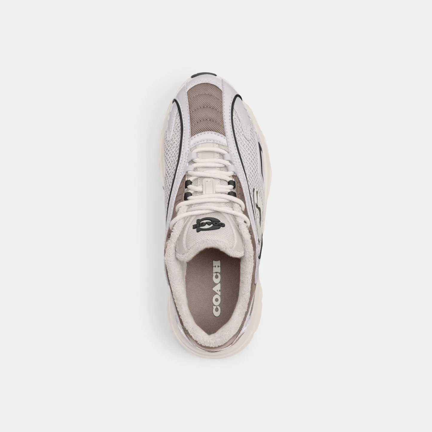 COACH®,Bolt Runner Sneaker,Leather,Rubber,Mesh,Low Top,Activewear,Fabric,Color Block,Logo,Cushioned,Flexible Insole,Pull T...,Gray,Inside View,Top View