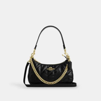 COACH®,Teri Shoulder Bag With Quilting,Recycled Polyester,Leather,Shoulder Bag,Metal,Logo,Silver Metal,Casual,Black,Front View