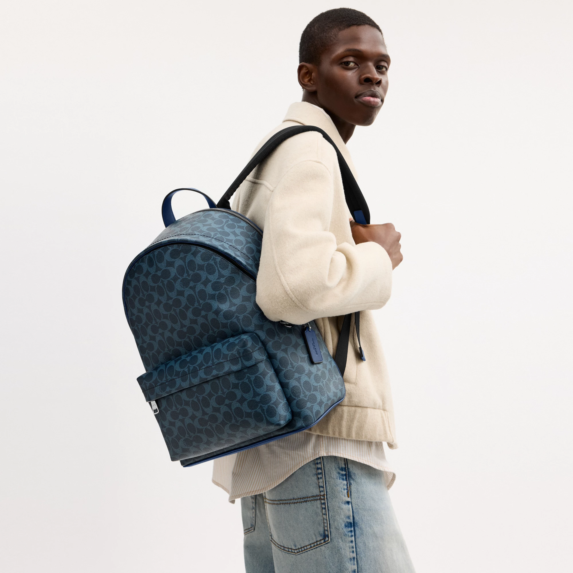 COACH®,Taylor Backpack In Signature Canvas,Leather,Canvas,Backpack,Logo,Suitcase Sleeve,Stain Resistant,Father's Day,Blue,Detail View