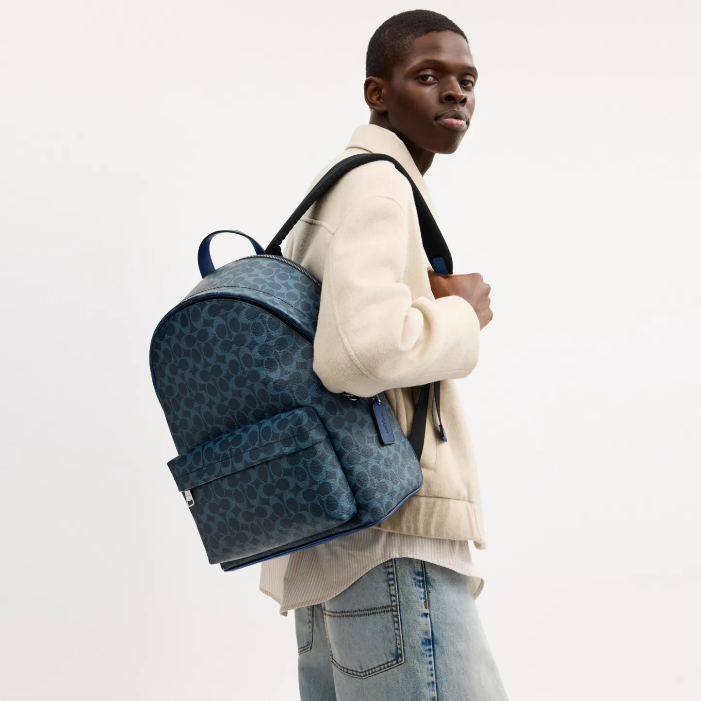 COACH®,Taylor Backpack In Signature Canvas,Leather,Canvas,Backpack,Logo,Suitcase Sleeve,Stain Resistant,Father's Day,Blue,Detail View