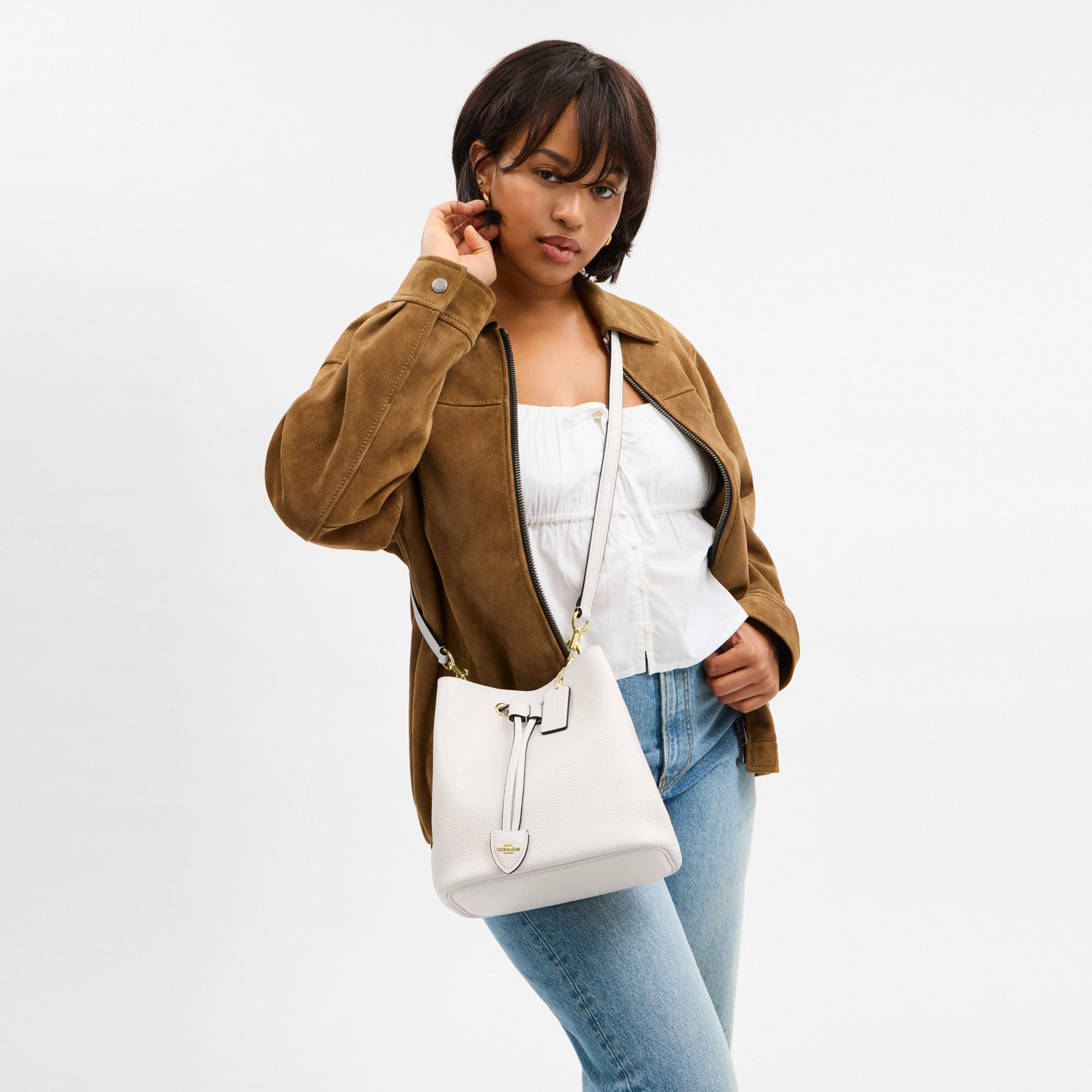 COACH®,Rowan Bucket Bag,Leather,Bucket,Metal,Logo,Casual,White