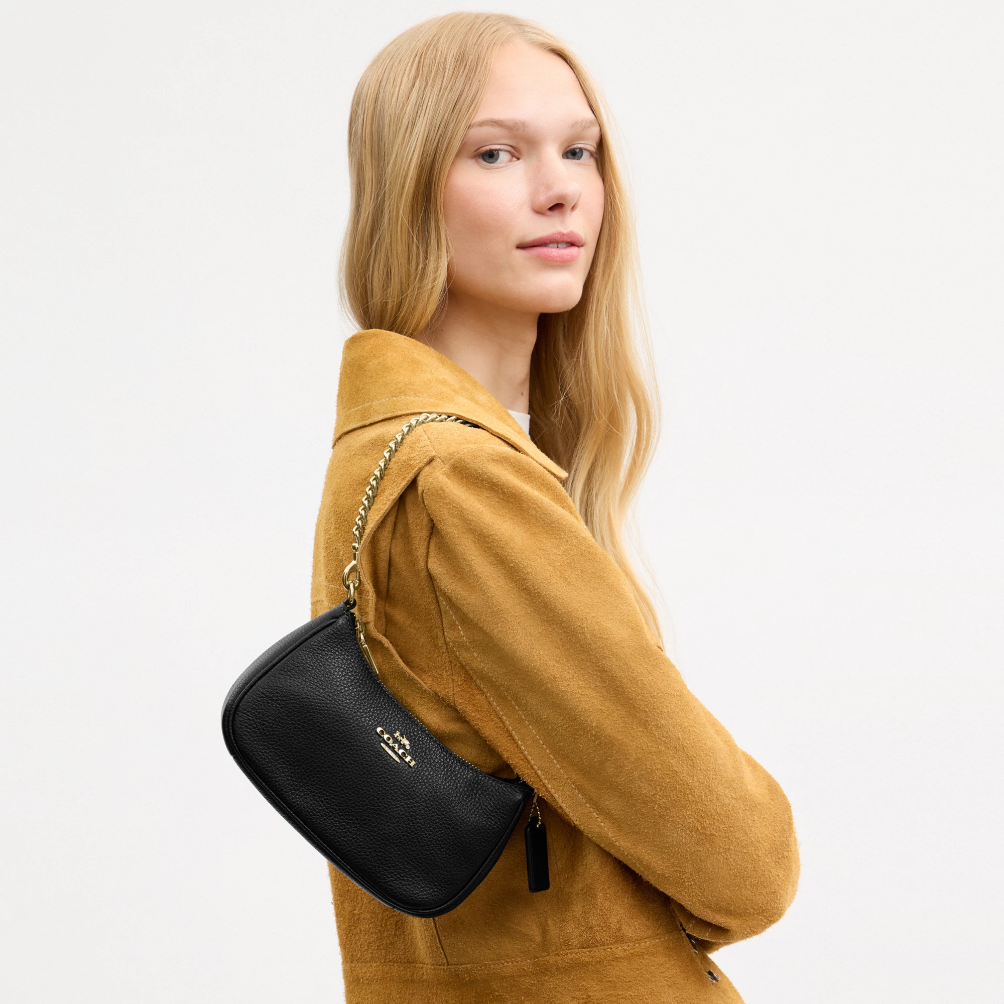 COACH®,Teri Mini Crossbody Bag,Leather,Recycled Polyester,Crossbody,Logo,Adjustable,Compact,Gold Metal,Casual,Black,Detail View