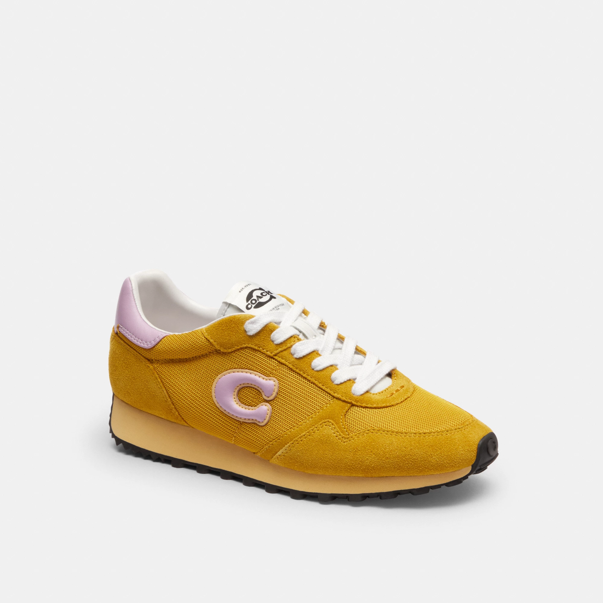 COACH®,Retro Runner,Rubber,Recycled Polyester,Mesh,Suede,Activewear,Fabric,Logo,Color Block,Sustainable,Pull Tab,Breathabl...,Mustard,Front View