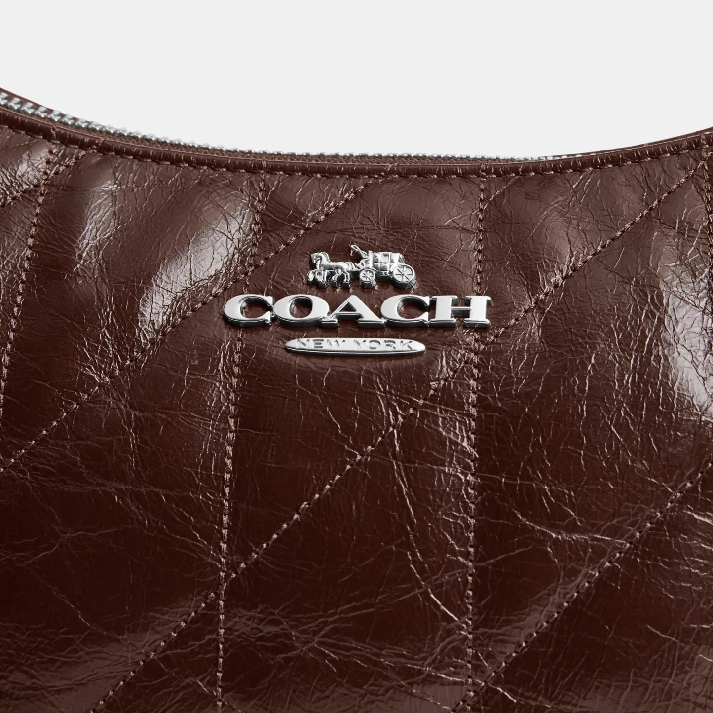 COACH®,Teri Shoulder Bag With Quilting,Recycled Polyester,Leather,Shoulder Bag,Metal,Logo,Silver Metal,Casual,Brown,Closer View