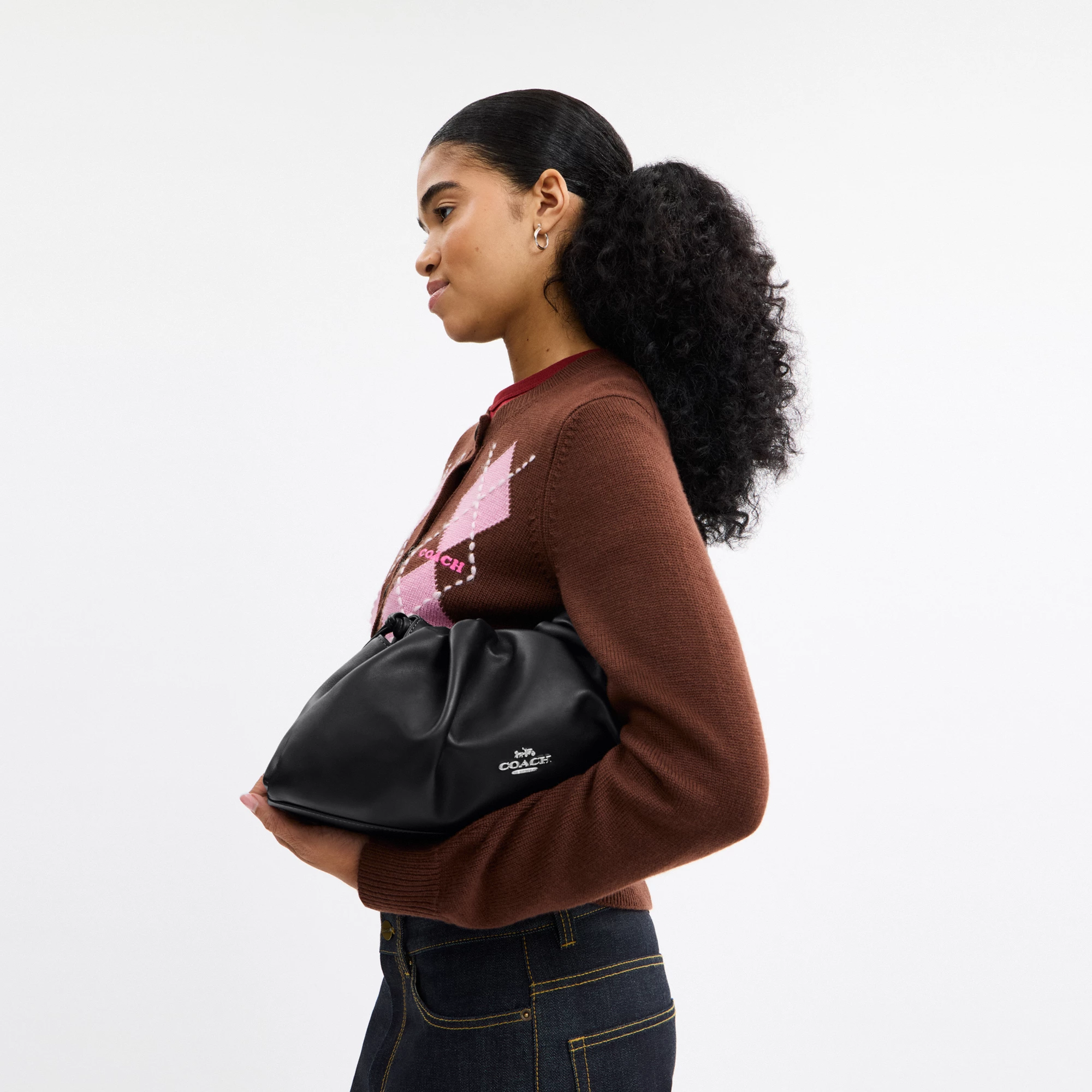 COACH®,Faye Large Shoulder Bag,Leather,Bucket,Logo,Ruched,Metal,Shoulder Guard,Lined,Silver Metal,Day Party,Black,Detail View