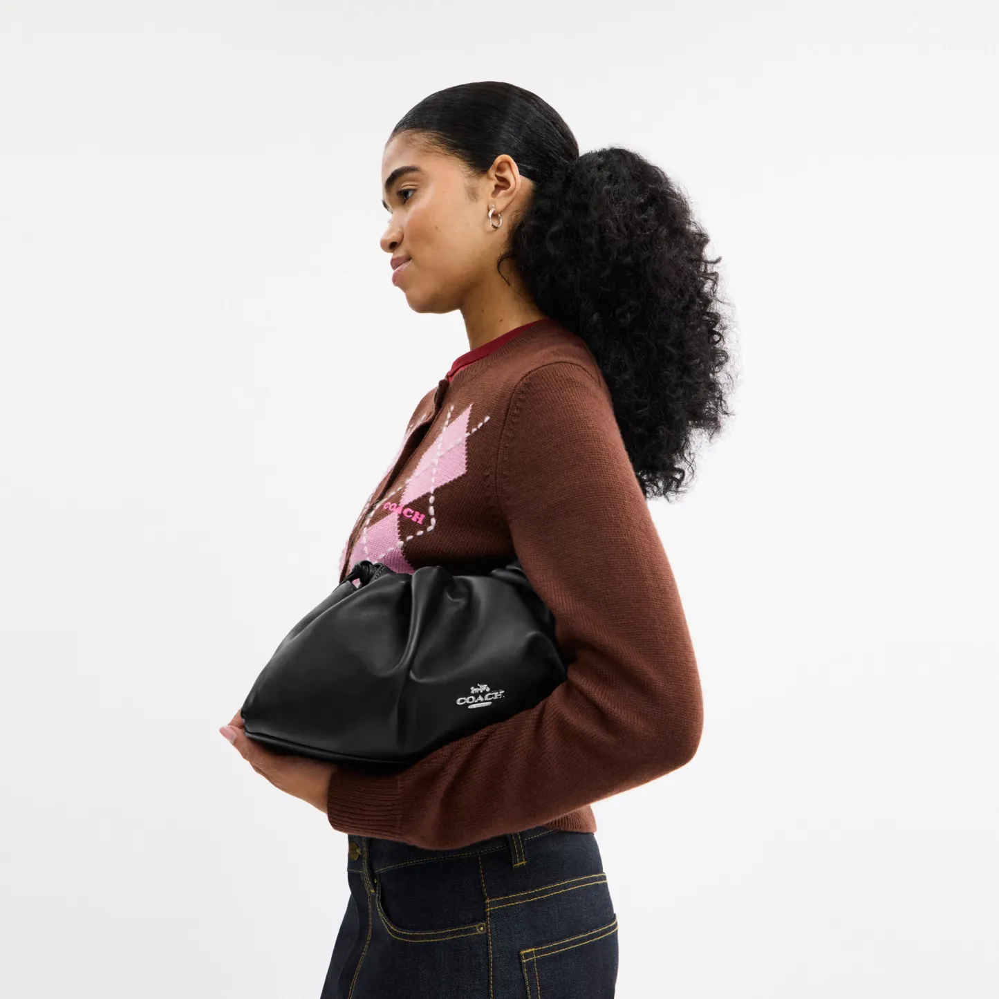 COACH®,Faye Large Shoulder Bag,Leather,Bucket,Logo,Ruched,Metal,Shoulder Guard,Lined,Silver Metal,Day Party,Black,Detail View