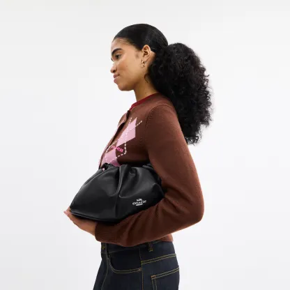 COACH®,Faye Large Shoulder Bag,Leather,Bucket,Logo,Ruched,Metal,Shoulder Guard,Lined,Silver Metal,Day Party,Black,Detail View